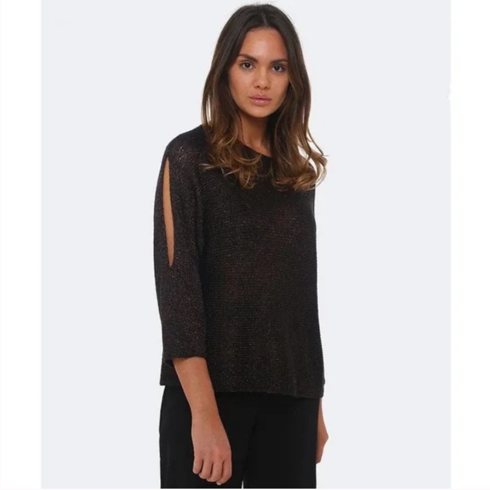 Eileen Fisher Knitted Brown Metallic Cold Shoulder Linen Pullover